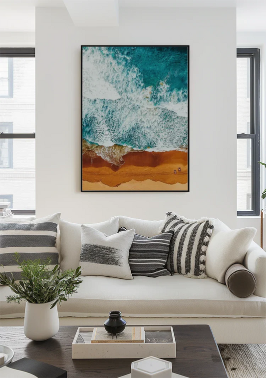 Turquoise Golven Op Goudbruin Strand Bovenaanzicht Canvas Schilderij