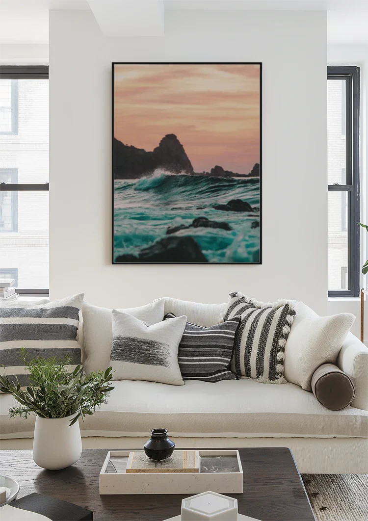 Woeste Zee Turquoise Golven Rotsen Zonsondergang Zeegezicht Schilderij