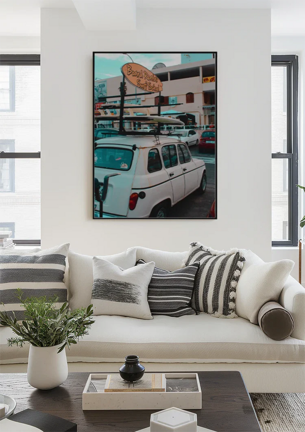 Vintage Auto Surfschule Werbung Straßenszene Türkis Retro Gemälde