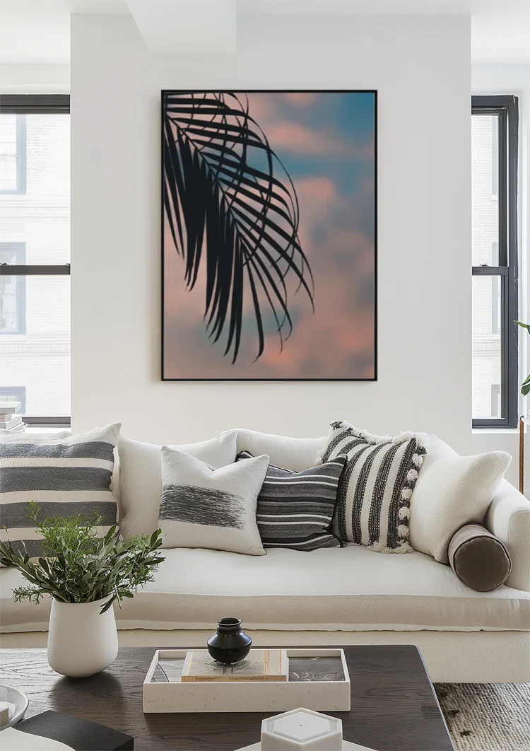 Palmbladsilhouet Pastel Zonsondergang Hemel Tropisch Schilderij