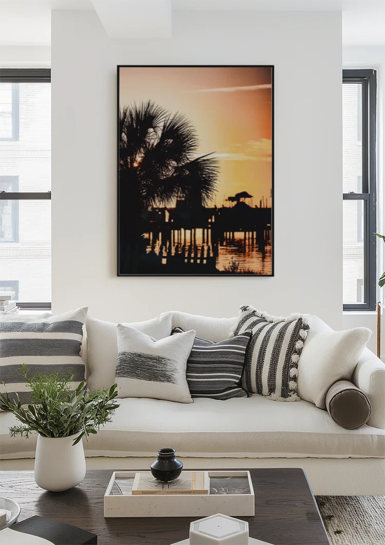 Palmboom Silhouet Gouden Zonsondergang Water Romantisch Schilderij