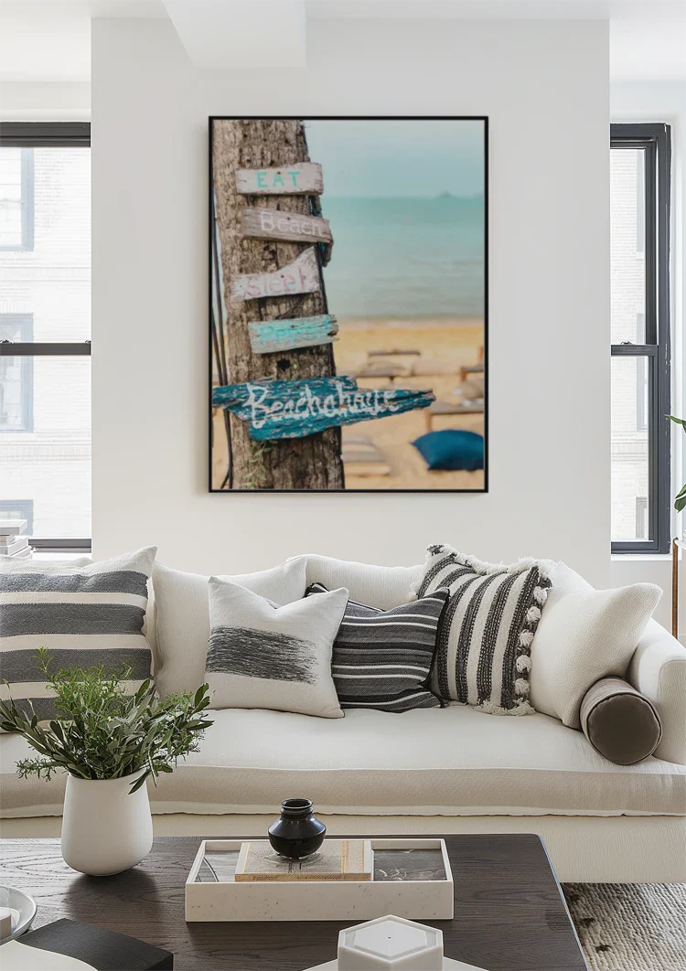 Palm Tree Wooden Signpost Tropical Beach Turquoise Sea Painting