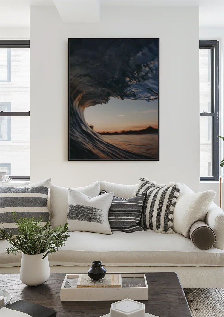 Binnenkant Van Een Golf Bij Zonsondergang Barrel Perspectief Schilderij