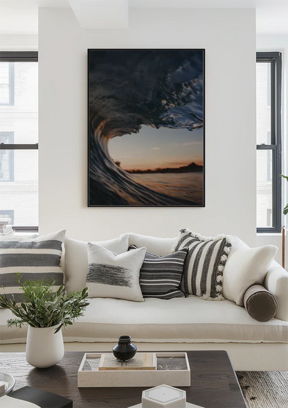 Binnenkant Van Een Golf Bij Zonsondergang Barrel Perspectief Schilderij