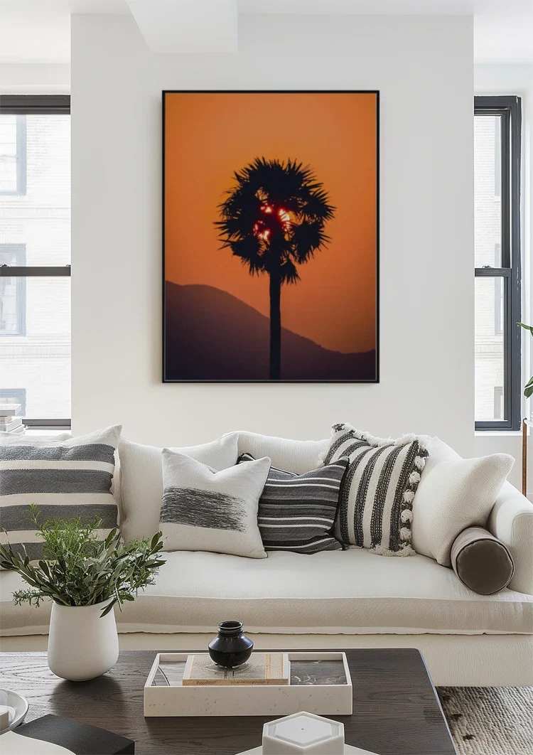 Palm Tree Silhouette Orange Sunset Sun Through Leaves Painting