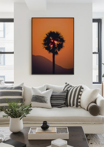 Palm Tree Silhouette Orange Sunset Sun Through Leaves Painting