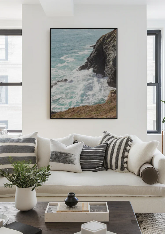 Kliffen Met Brekende Golven Turquoise Zee Bovenaanzicht Canvas Schilderij