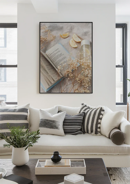 Open Book With Lemon And Dried Flowers Soft Pastel Painting