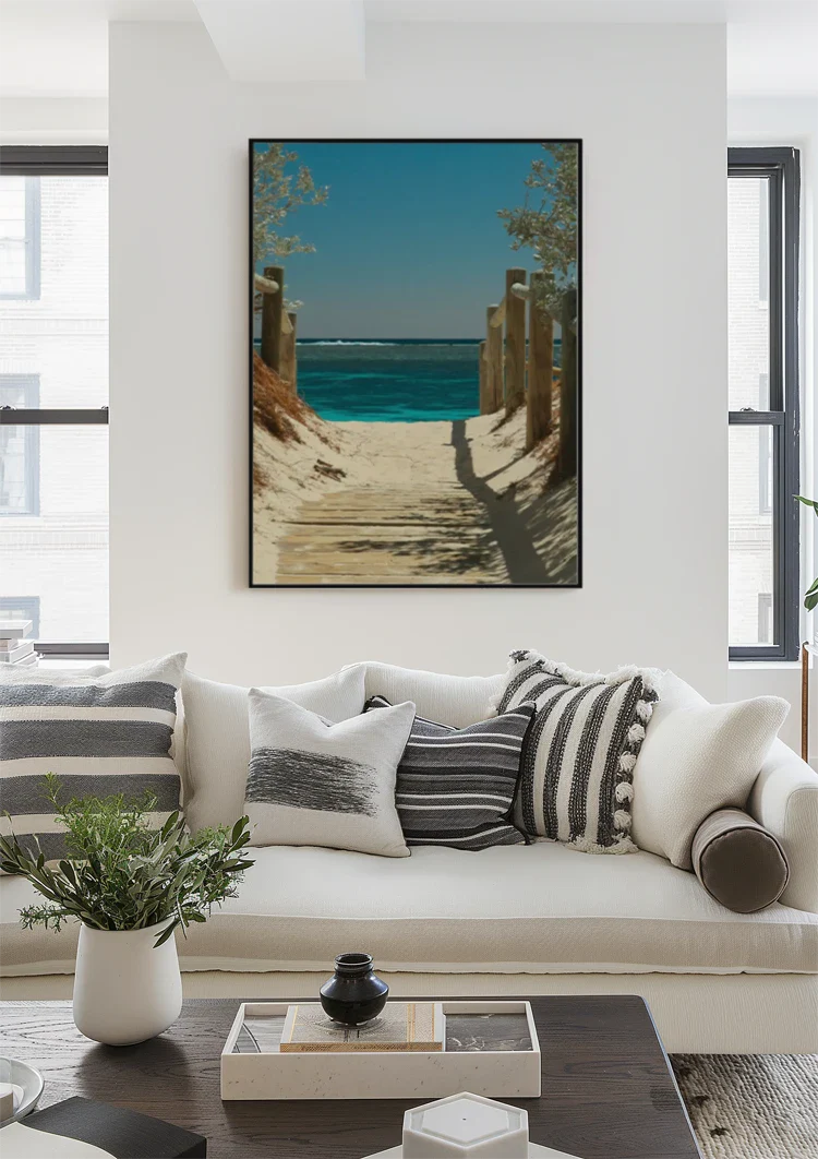 Sandy Path To Turquoise Sea Wooden Posts Coastal Landscape Painting