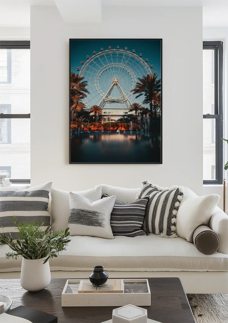 Beleuchtetes Riesenrad Palmen Abenddämmerung Spiegelung Gemälde