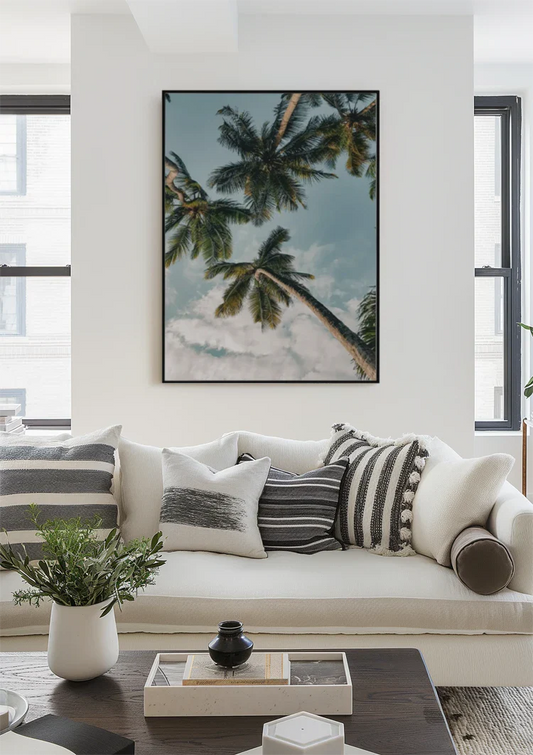 Palmbomen Vogelperspectief Omhoog Blauwe Lucht Met Wolken Canvas Schilderij