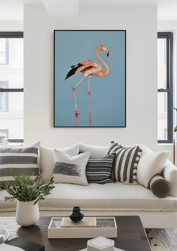 Roze Flamingo Blauw Water Minimalistische Vogel Natuur Schilderij