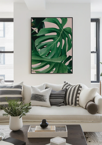 Monstera Bladeren Levendig Groen Roze Achtergrond Botanisch Tropisch Schilderij