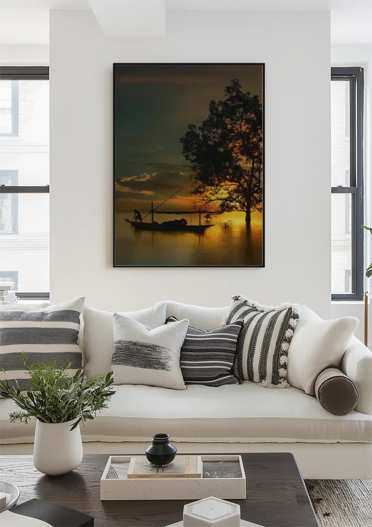 Thai Landscape Golden Sunset Boat Tree Silhouette Water Painting