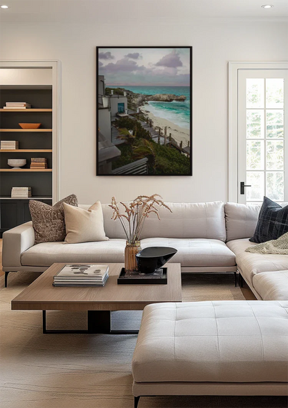 Rocky Coastline with Turquoise Seawater and Sandy Beach Painting