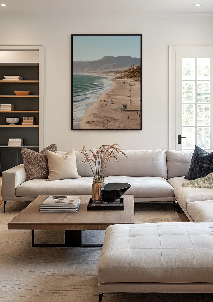 Coastline Sandy beach Mountains Sea Sunny Landscape Painting