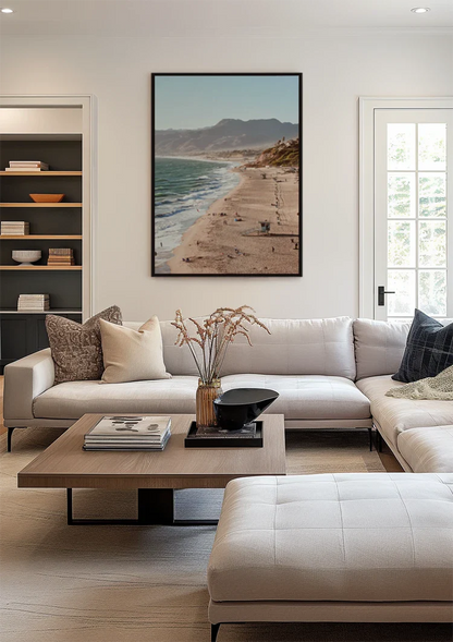 Coastline Sandy beach Mountains Sea Sunny Landscape Painting
