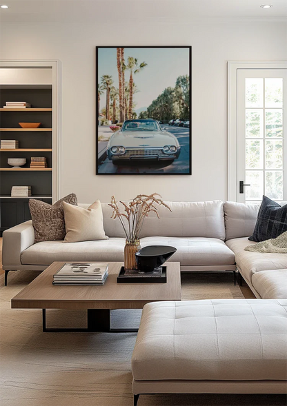 Weißes Vintage-Auto, Palmen, sonnige Straße, Retro-Gemälde