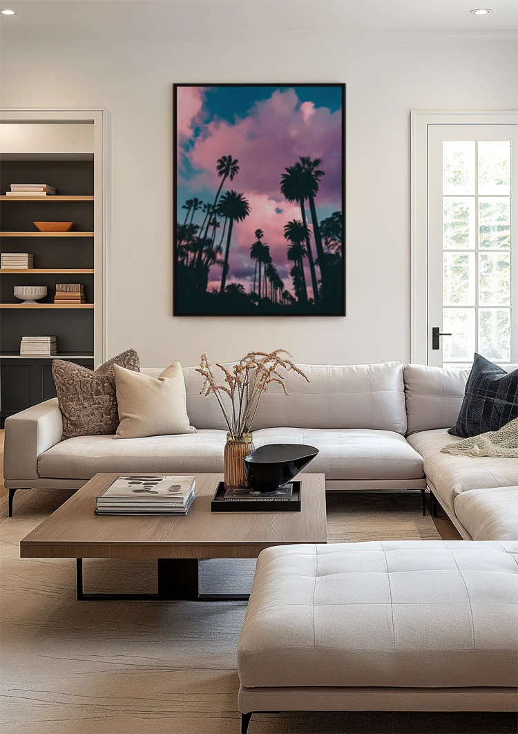 Palm Trees Against Pink Purple Cloud Sky Tropical Sunset Painting