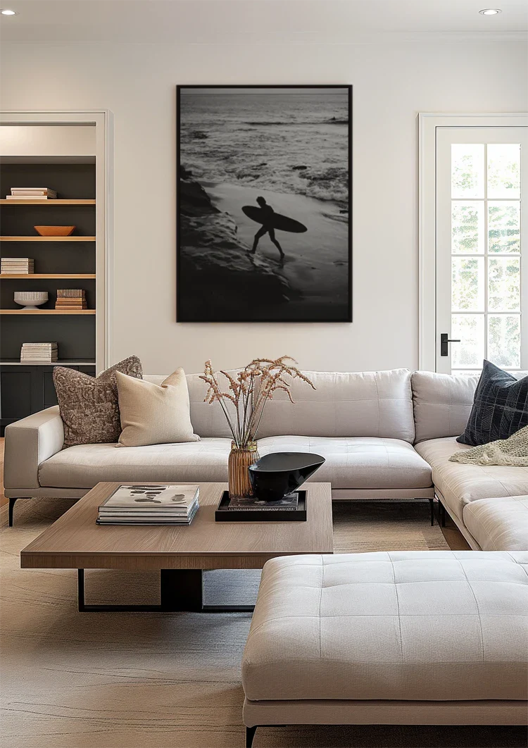 Surfer with Surfboard on Rocky Coast Black and White Ocean Painting