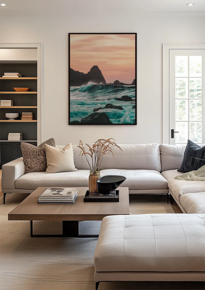 Woeste Zee Turquoise Golven Rotsen Zonsondergang Zeegezicht Schilderij