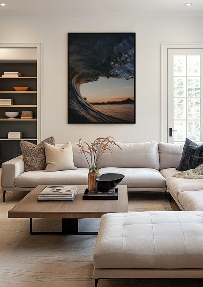 Binnenkant Van Een Golf Bij Zonsondergang Barrel Perspectief Schilderij