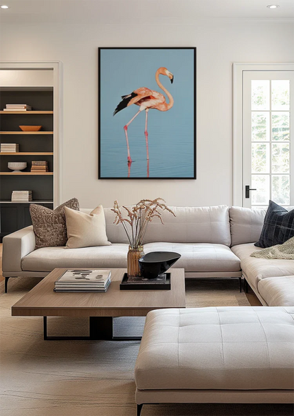 Roze Flamingo Blauw Water Minimalistische Vogel Natuur Schilderij
