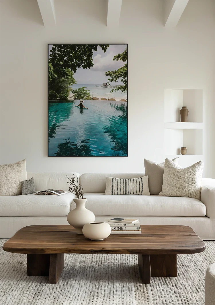Woman Turquoise Infinity Pool Tropical Palm Trees Sea View Painting