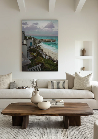 Rocky Coastline with Turquoise Seawater and Sandy Beach Painting