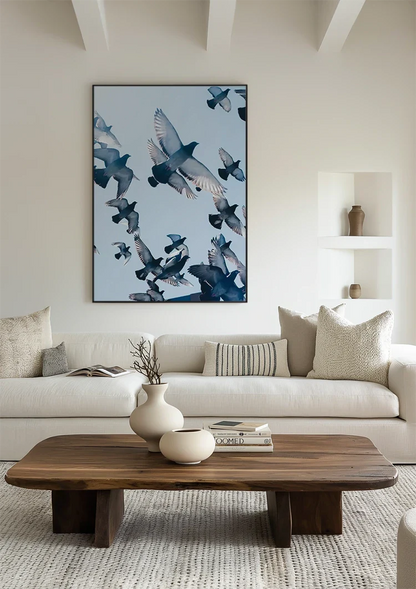 Swarm of Flying Pigeons Against Blue Sky Painting