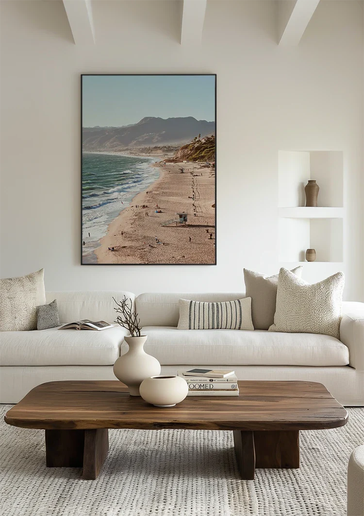 Coastline Sandy beach Mountains Sea Sunny Landscape Painting