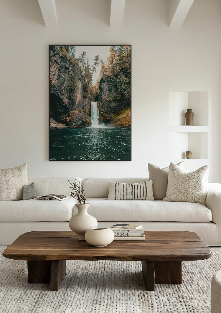Waterfall Between High Rocks And Trees Nature Painting
