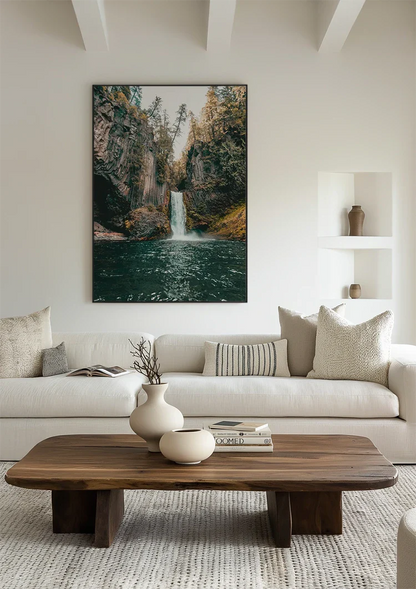 Waterfall Between High Rocks And Trees Nature Painting