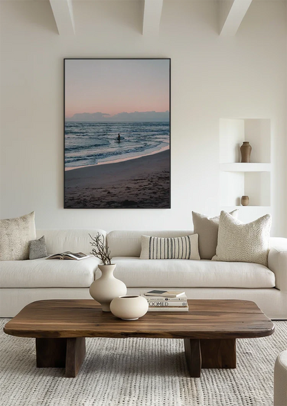 Surfer Zonsondergang Strand Oceaan Roze Lucht Schilderij