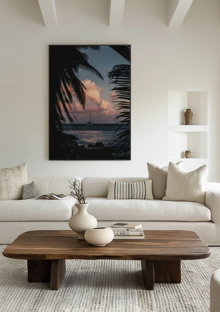 Zeilboot Zonsondergang Palmbomen Tropische Zee Schilderij