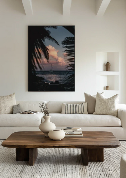 Zeilboot Zonsondergang Palmbomen Tropische Zee Schilderij