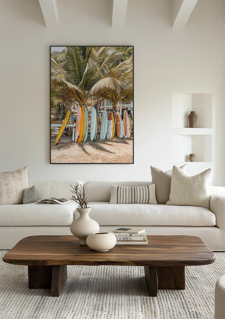 Kleurrijke Surfplanken Palmboom Tropisch Strand Schilderij