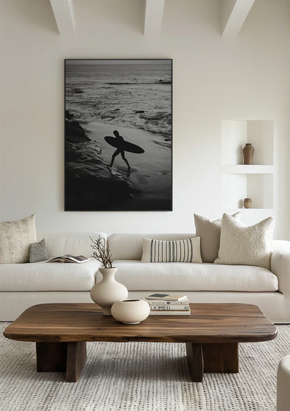 Surfer with Surfboard on Rocky Coast Black and White Ocean Painting