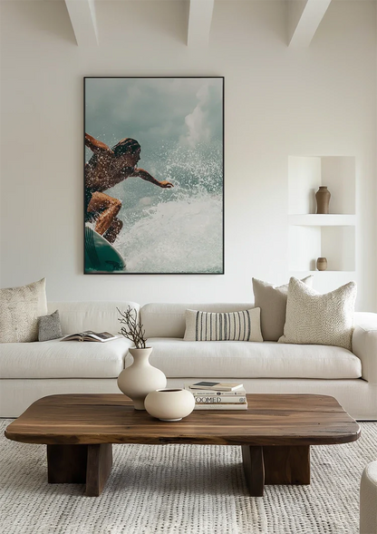 Surfer In Action On Wave Splashing Water Close Up Painting