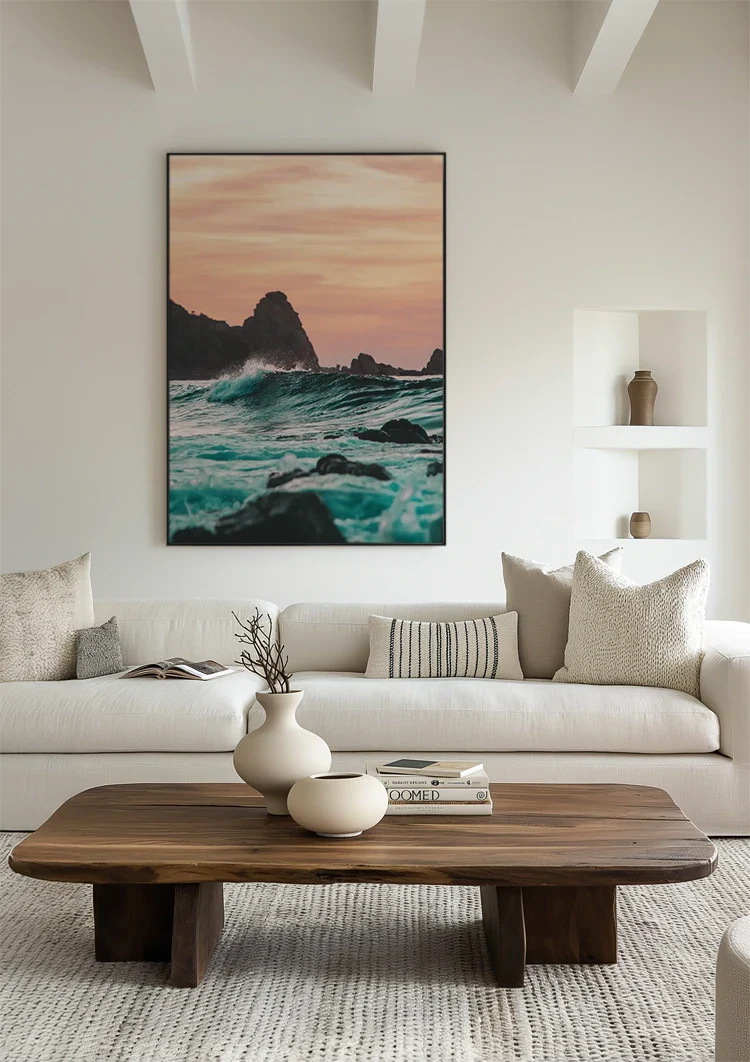 Woeste Zee Turquoise Golven Rotsen Zonsondergang Zeegezicht Schilderij