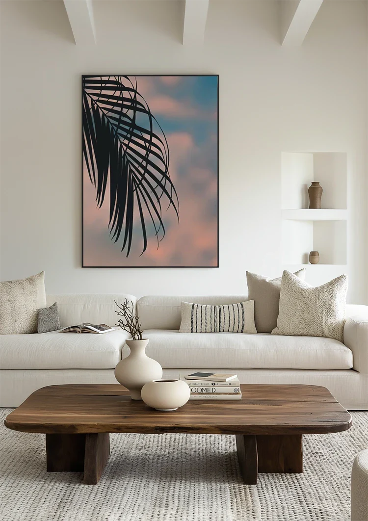 Palmbladsilhouet Pastel Zonsondergang Hemel Tropisch Schilderij