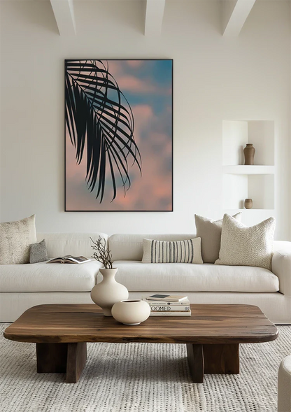 Palmbladsilhouet Pastel Zonsondergang Hemel Tropisch Schilderij