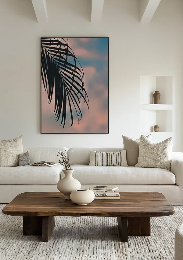 Palmbladsilhouet Pastel Zonsondergang Hemel Tropisch Schilderij