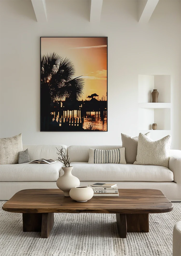 Palmboom Silhouet Gouden Zonsondergang Water Romantisch Schilderij