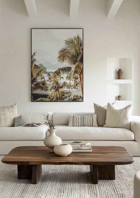 Tropische Palmbomen Bergen in de Verte Landschap Canvas Schilderij