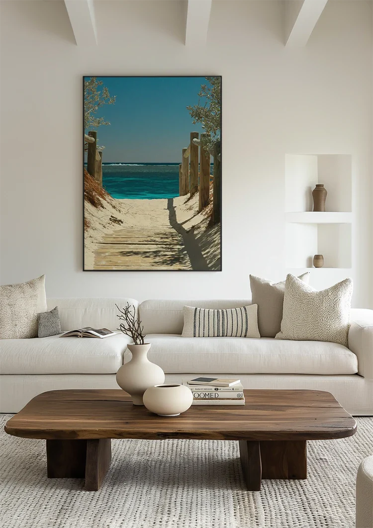Sandy Path To Turquoise Sea Wooden Posts Coastal Landscape Painting