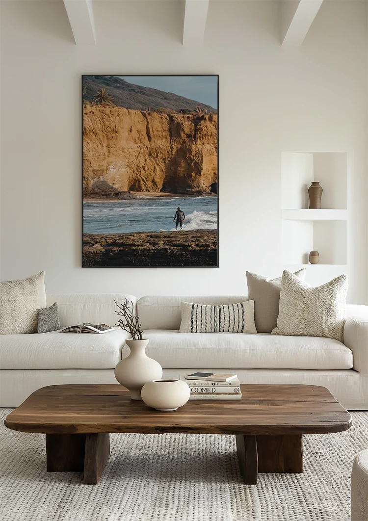 Surfer at Golden Cliffs Ocean Waves Coastal Landscape Painting