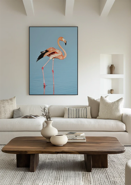 Roze Flamingo Blauw Water Minimalistische Vogel Natuur Schilderij