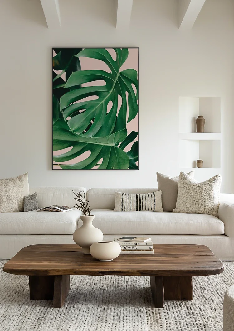 Monstera Bladeren Levendig Groen Roze Achtergrond Botanisch Tropisch Schilderij