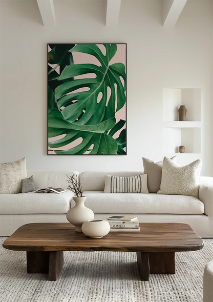 Monstera Bladeren Levendig Groen Roze Achtergrond Botanisch Tropisch Schilderij